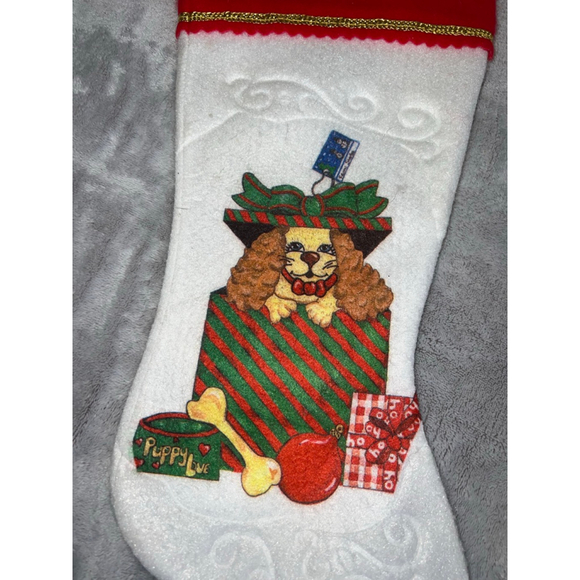 Vintage Holiday Decor Christmas Stocking Puppy Love White Red One Size - Picture 3 of 5